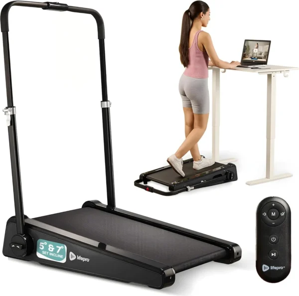 Lifepro PacerMini incline walking pad, studio hero with desk-mode and remote-control insets