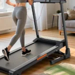 Rear view of a woman running on the JAGJOG 15 percent auto incline treadmill in a living room