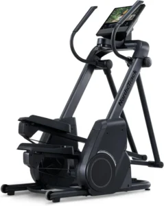NordicTrack X16 elliptical, studio three-quarter view showing incline frame