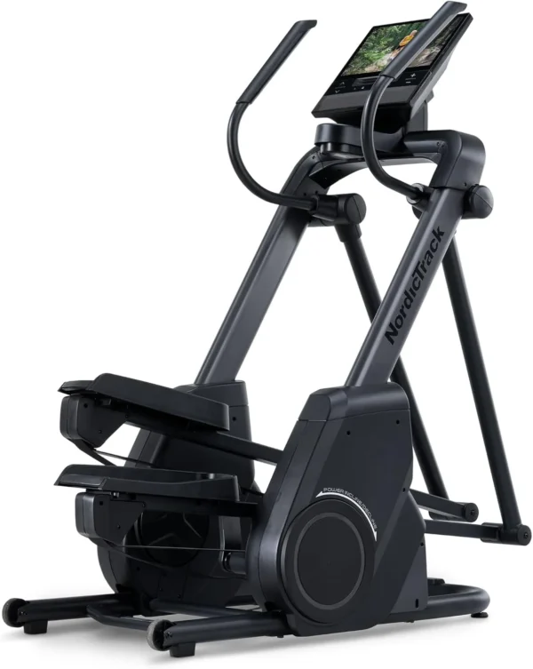 NordicTrack X16 elliptical, studio three-quarter view showing incline frame