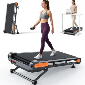 Vitalwalk Apollo 11-Vibe 15 percent auto incline walking pad, studio hero with folded and desk-mode insets