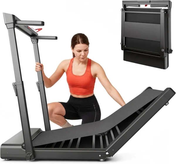 JAGJOG walking pad with height-adjustable handlebar, kneeling setup shot with folded inset