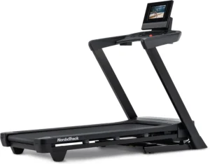 NordicTrack T Series 10 treadmill, three-quarter studio view with folding frame and 10 inch touchscreen