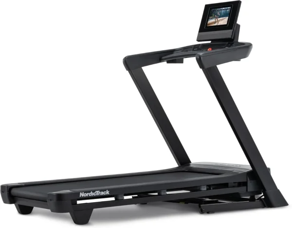 NordicTrack T Series 10 treadmill, three-quarter studio view with folding frame and 10 inch touchscreen