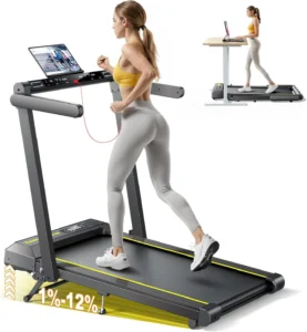 TOPUTURE 4-in-1 walking pad treadmill, woman running in side profile with tablet mounted on console