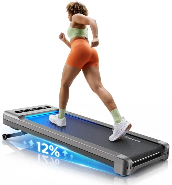 MERACH UltraWalk W60 walking pad, person running, blue LED deck lighting