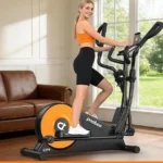 Woman using the pooboo E399 elliptical in a bright daytime living room, alternate angle
