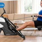 Woman using the pooboo rower in horizontal bar mode with a single handlebar