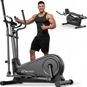 ANCHEER foldable magnetic elliptical, studio shot with a man giving a thumbs up, folded state inset
