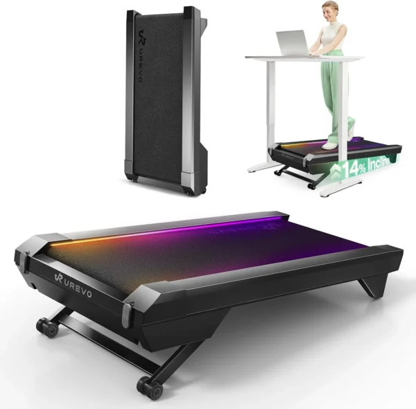 UREVO CyberPad walking pad shown folded, in use at a desk, and with its RGB deck lighting