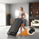 Woman carrying the folded Acezoe 15 percent auto incline walking pad, showing its slim folded width