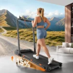 Runner using the Acezoe 15 percent auto incline walking pad on a composited mountain trail backdrop