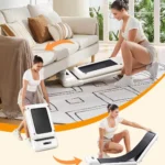 WalkingPad C2 folding sequence: tucking under a sofa, carrying folded, unfolding on the floor