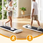 Two people using the WalkingPad C2 side by side, one jogging and one walking