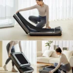 WalkingPad Z3 being folded flat, carried, and tucked under a sofa