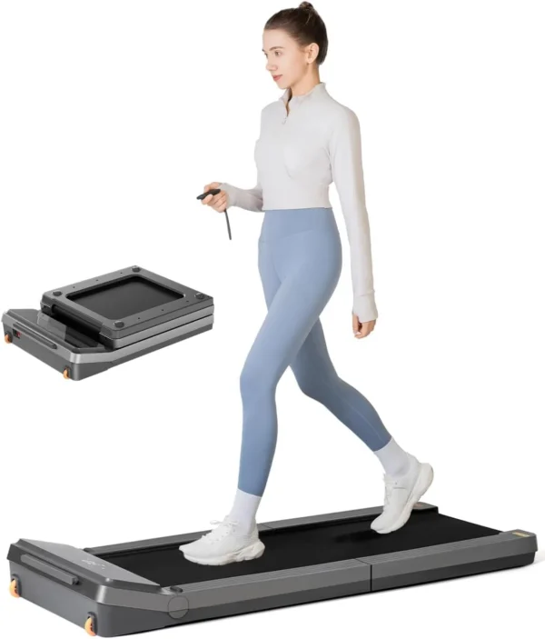 WalkingPad Z3, side profile of a person walking with the remote, folded unit inset
