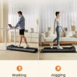WalkingPad Z3 used at a standing desk on the left and in an open living room on the right