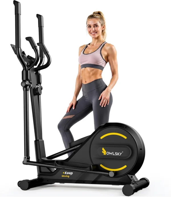 OWLSKY app-connected elliptical, three-quarter studio shot with a woman standing beside it