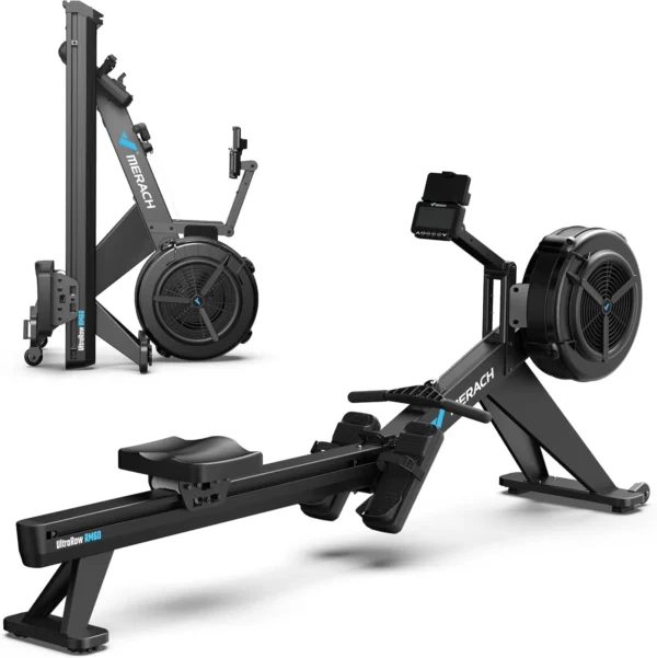 Merach R60N air and magnetic rower with fan flywheel, folded and extended studio hero shot