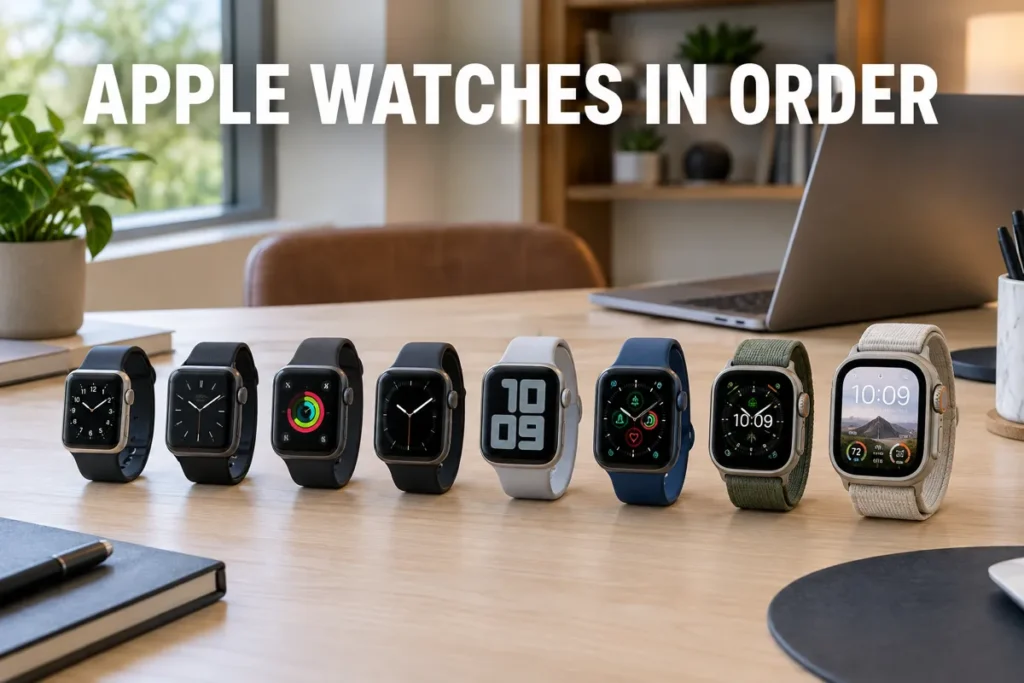Several Apple Watch-style models arranged in chronological order on a desk in a bright home office.