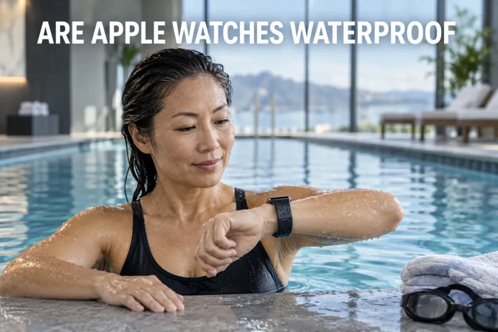 A woman wearing a smartwatch while resting in an indoor pool.