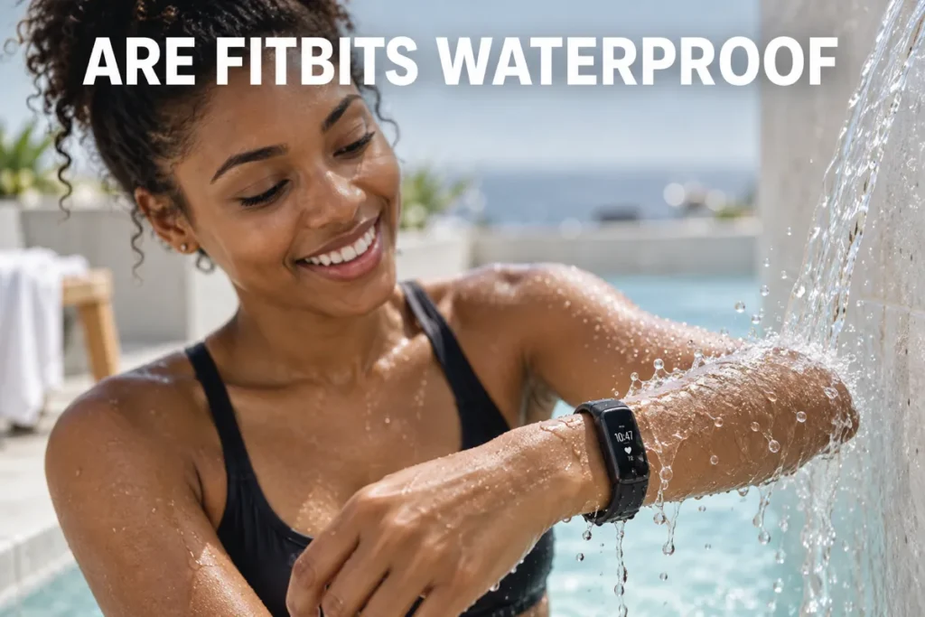 A woman rinsing a waterproof fitness tracker by the pool.
