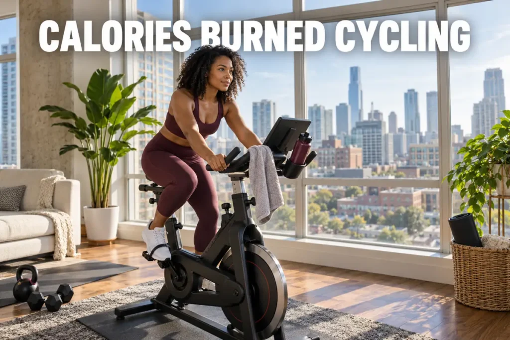 A woman riding an exercise bike in a bright apartment with a city skyline view.