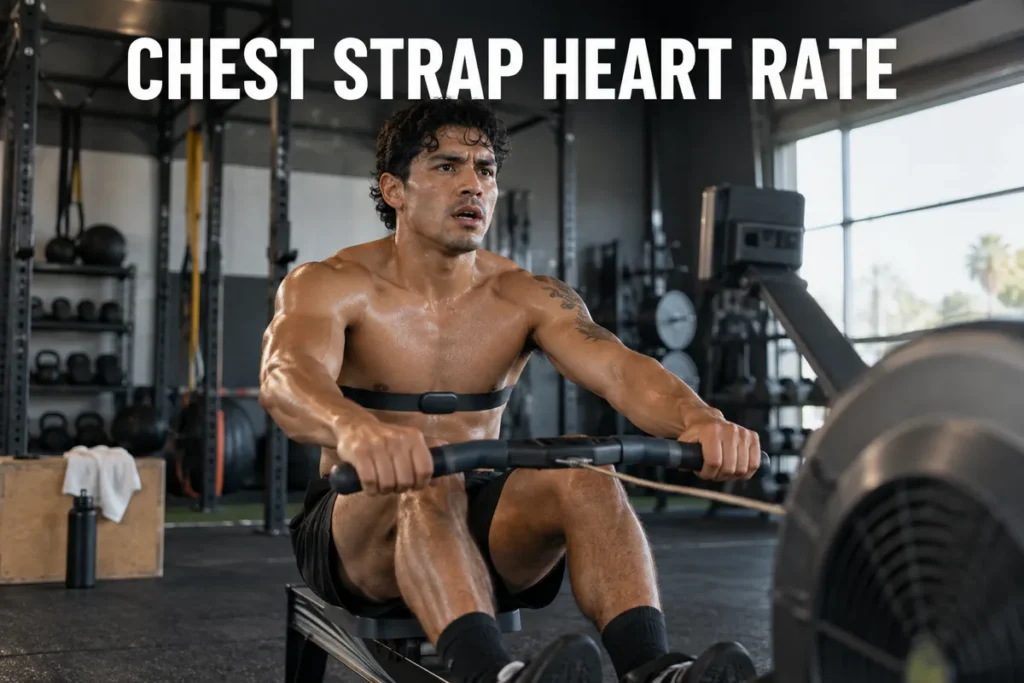 A man wearing a chest strap heart rate monitor during an intense rowing workout in a dark gym.