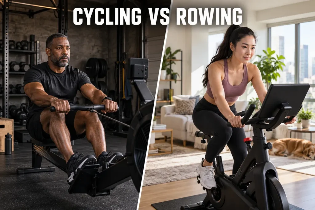 A man rowing in a dark gym beside a woman cycling in a bright home workout space.