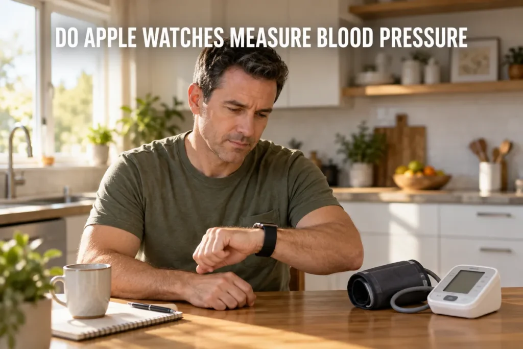 A man checking his smartwatch beside a blood pressure monitor on a kitchen table.