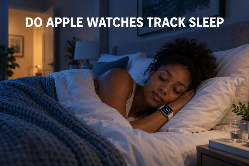 A woman sleeping in bed while wearing a smartwatch with a sleep tracking screen.