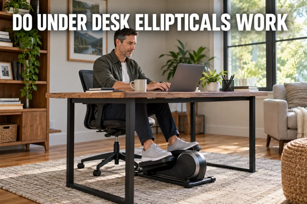 A man using an under-desk elliptical while working on a laptop in a home office.