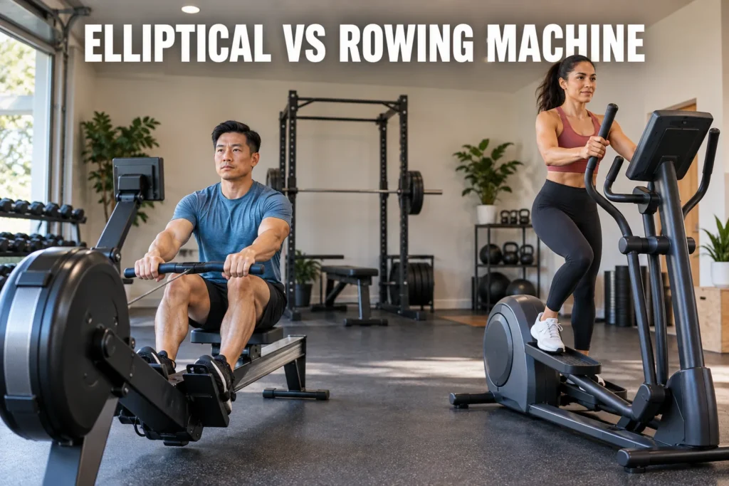 A man using a rowing machine beside a woman using an elliptical in a bright home gym.