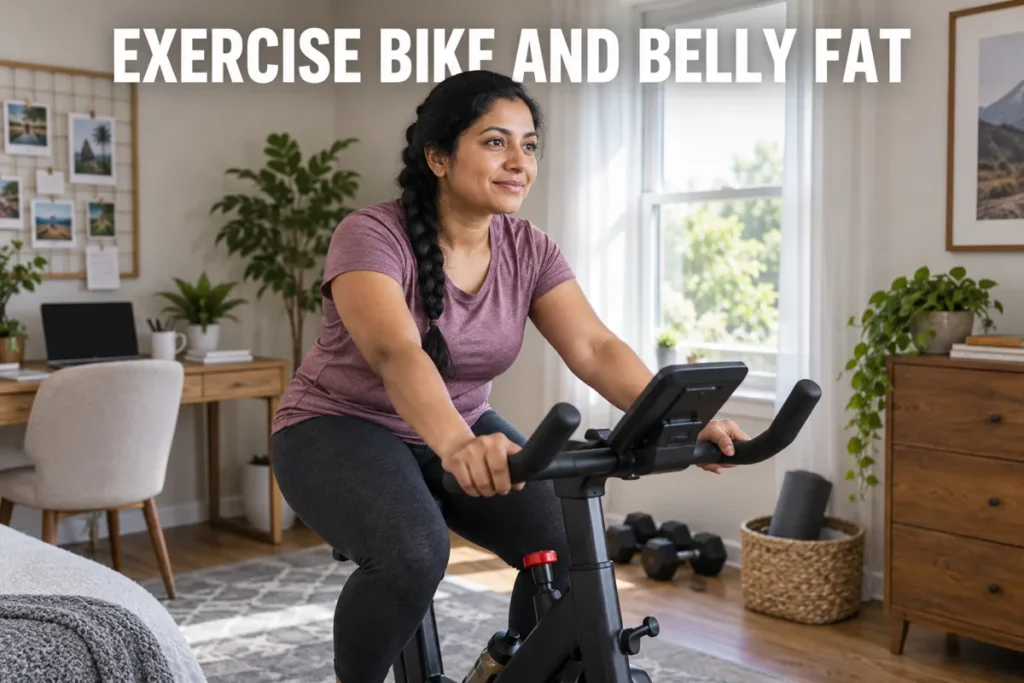 A woman riding an exercise bike in a cozy home workout room.