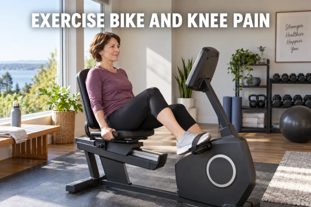 An older woman using a recumbent exercise bike in a bright home gym.
