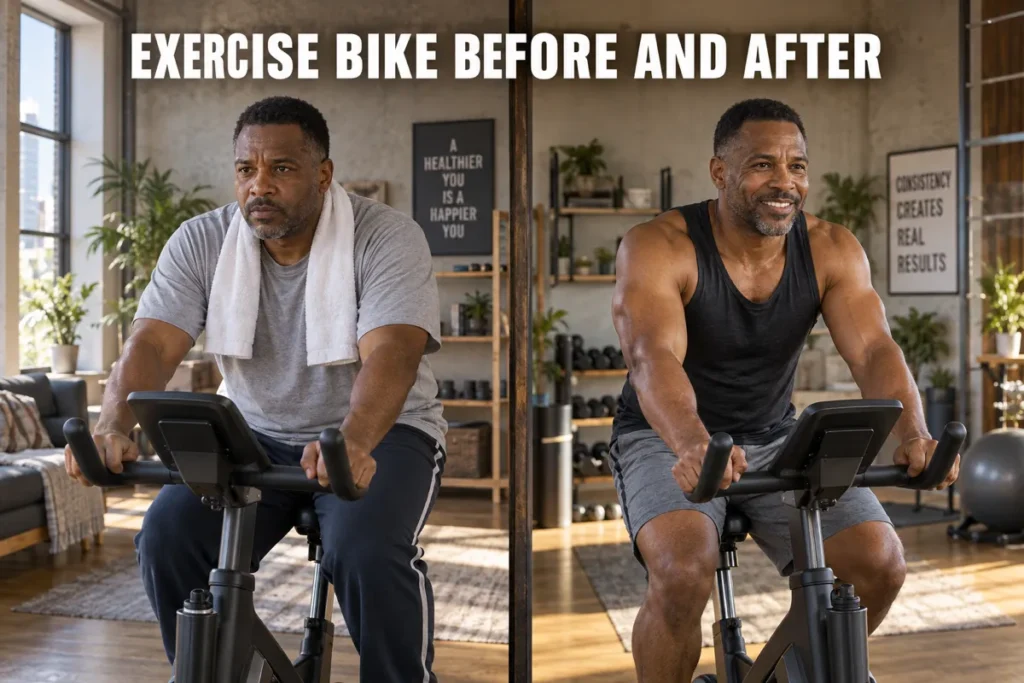 A middle-aged man shown in a before-and-after exercise bike workout scene in an industrial-style home gym.