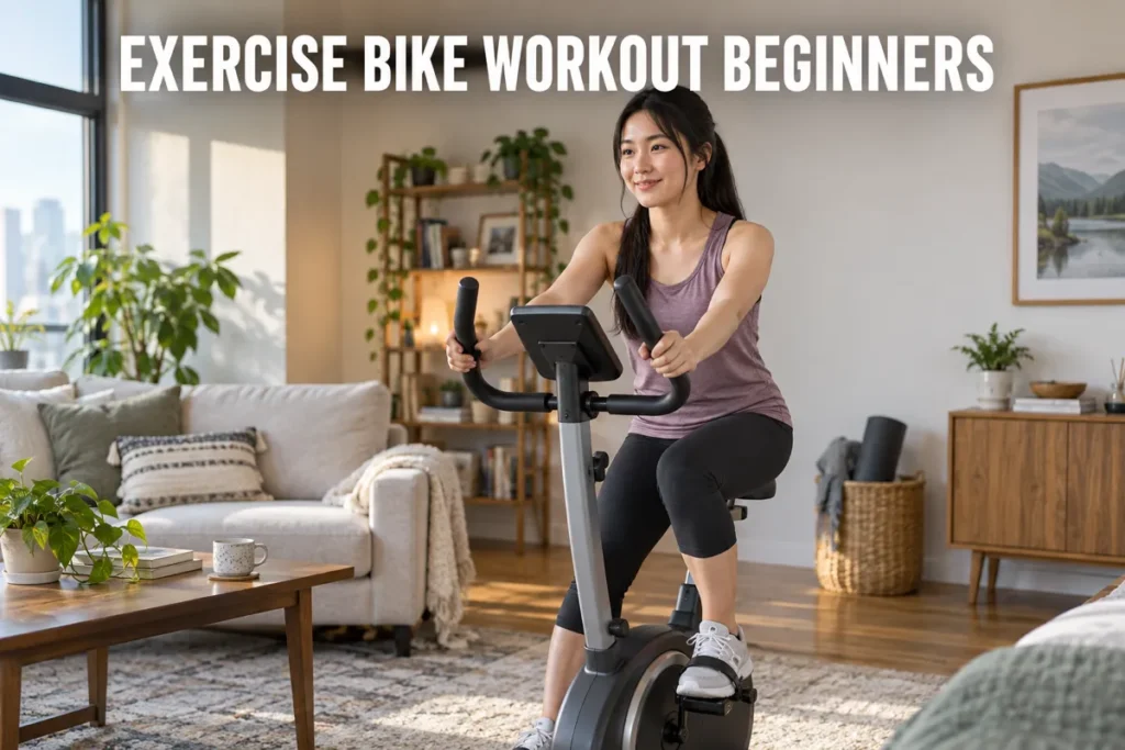 A young woman doing a beginner-friendly workout on an upright exercise bike in a cozy living room.