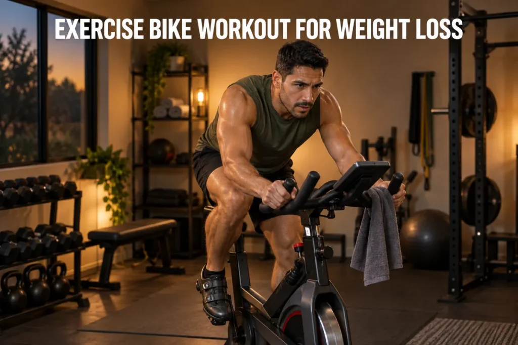 A man doing an intense workout on an exercise bike in a warm home gym.