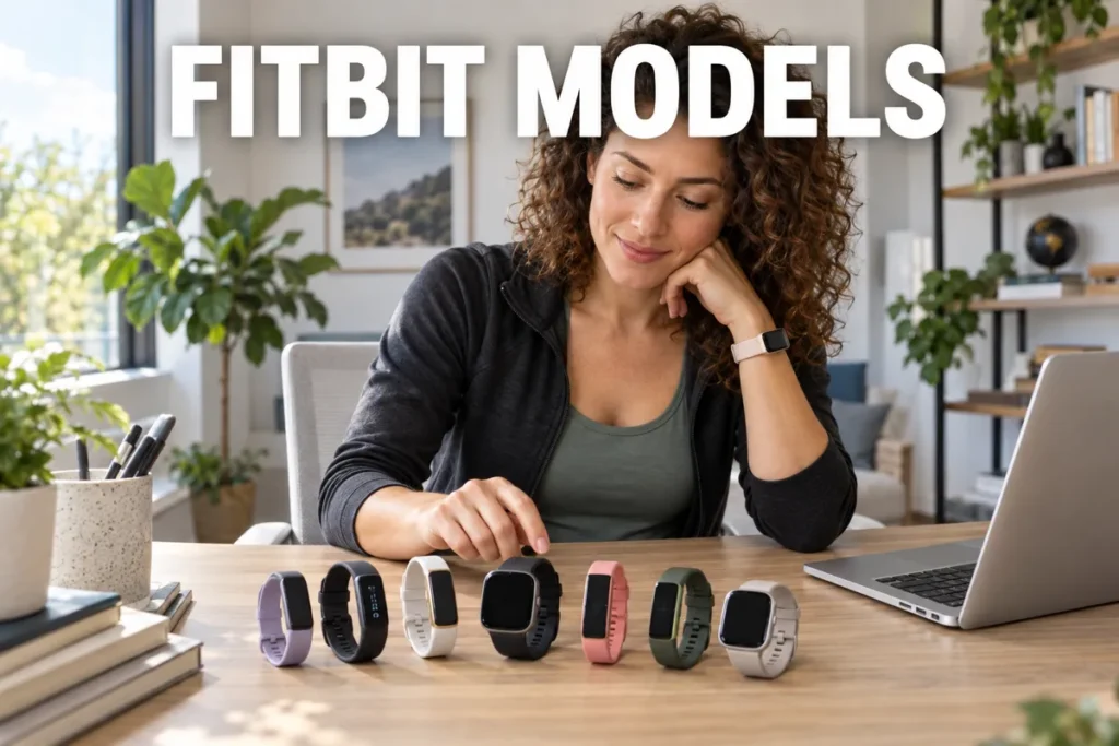 A woman comparing several Fitbit-style fitness trackers on a desk in a bright home office.