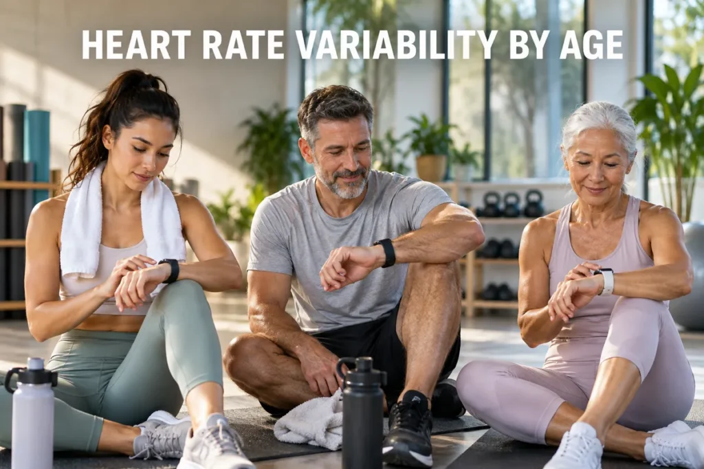 People of different ages comparing heart rate variability data on fitness watches.