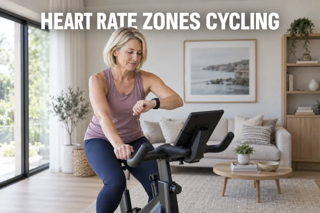 A cyclist tracking heart rate zones on a smartwatch and bike display during an indoor cycling session.