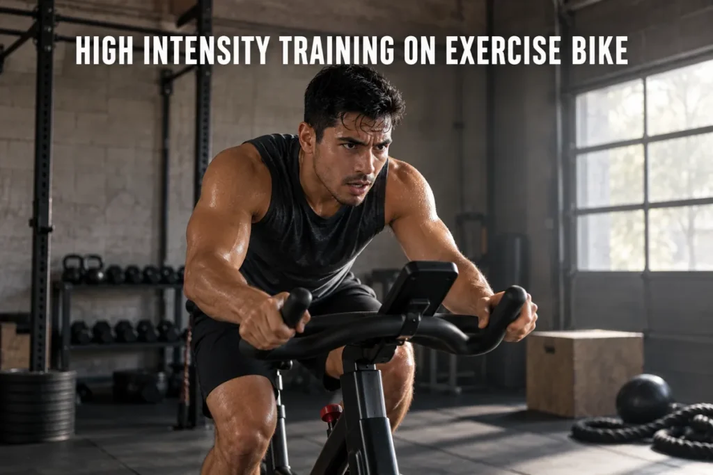A young man doing an intense indoor cycling workout in a dark strength-training gym.