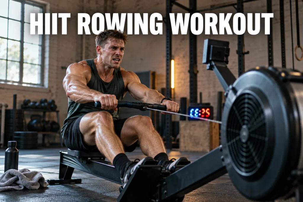 A man doing a high-intensity rowing workout in a dark strength-training gym.