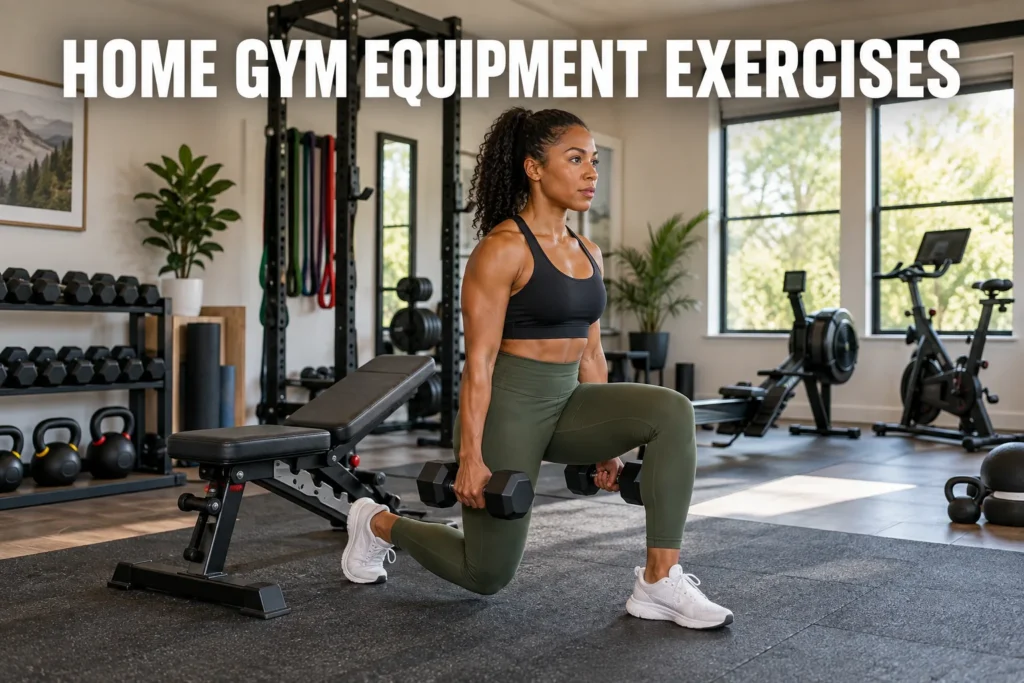 A woman doing dumbbell lunges in a modern home gym with strength and cardio equipment.