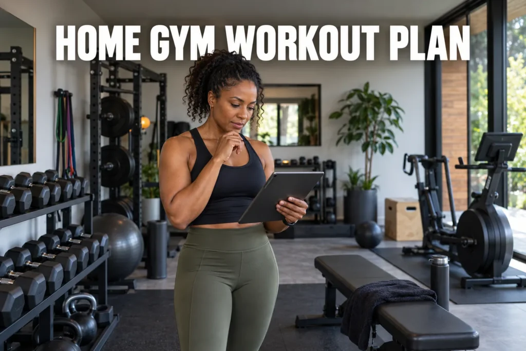 A woman reviewing a workout plan on a tablet in a modern home gym with strength and cardio equipment.
