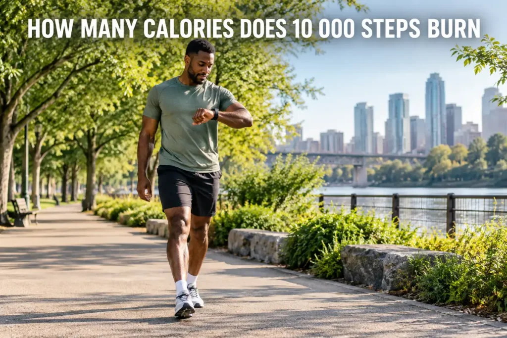 A man checking his smartwatch while walking on a sunny waterfront path.