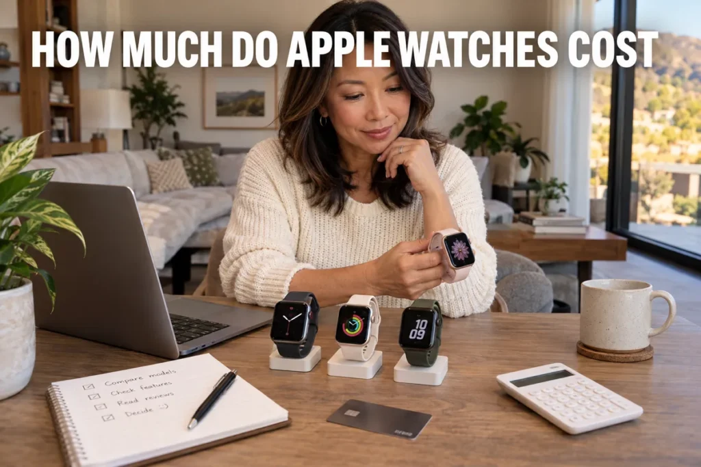A person comparing different Apple Watch-style models and prices at a desk.
