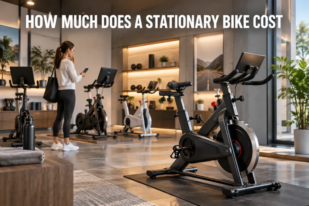A woman comparing several stationary bikes in a modern fitness showroom.