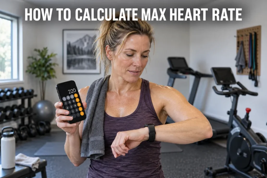A woman using a calculator on her phone while checking her smartwatch in a home gym.