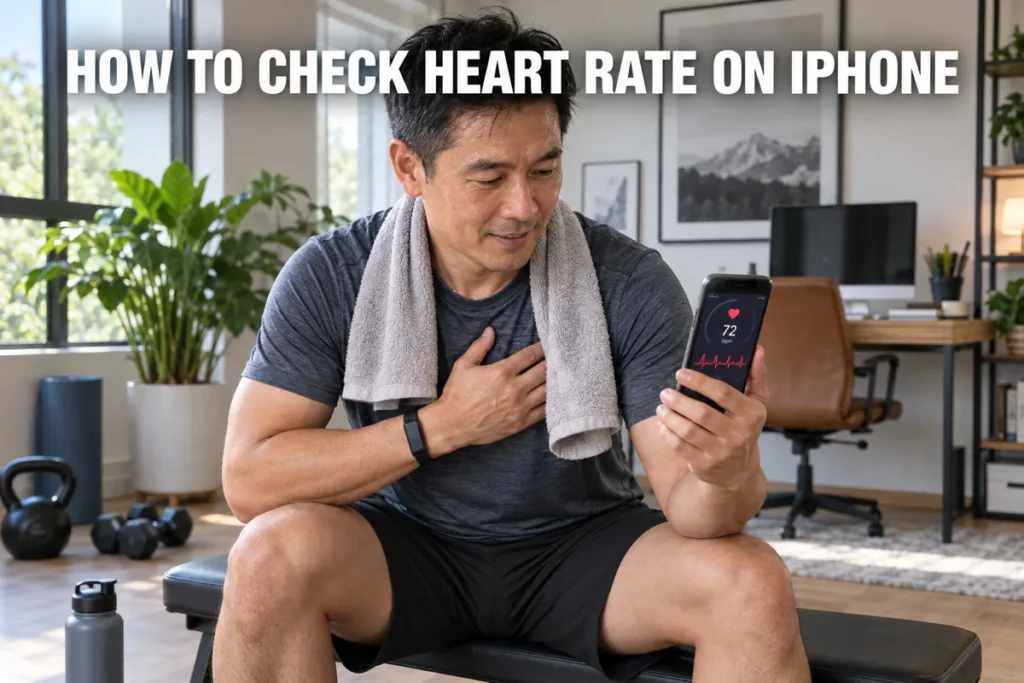 A man checking his heart rate on an iPhone after a workout in a bright home gym.